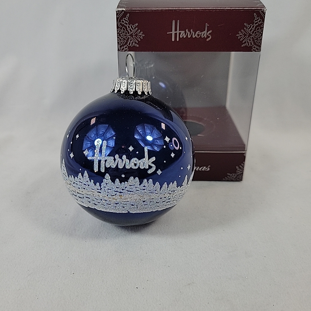 Harrods Blue and Silver Glass Christmas Ornament.
